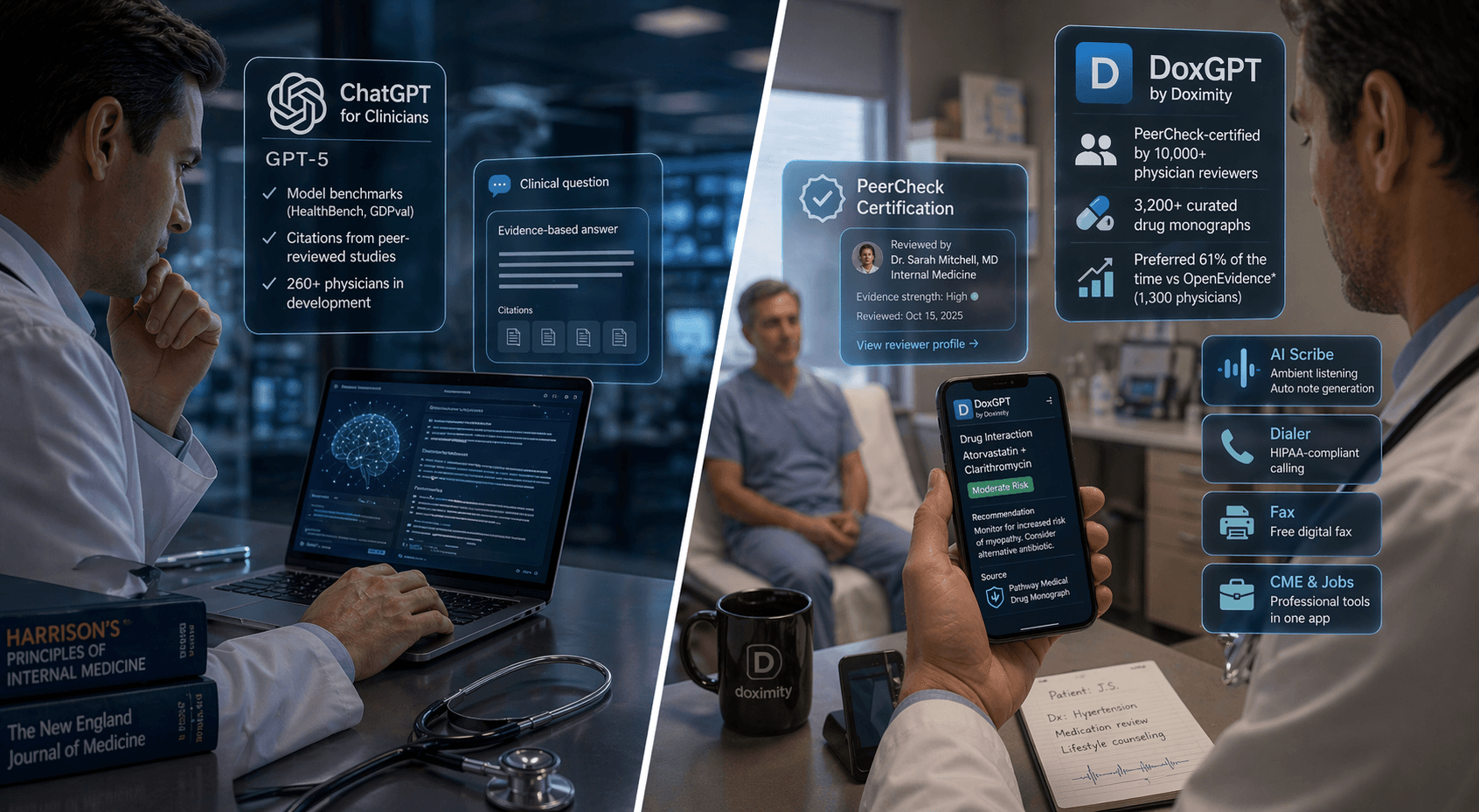 Image for ChatGPT for Clinicians vs Doximity DoxGPT (2026): GPT-5 Power vs Physician-Verified PeerCheck