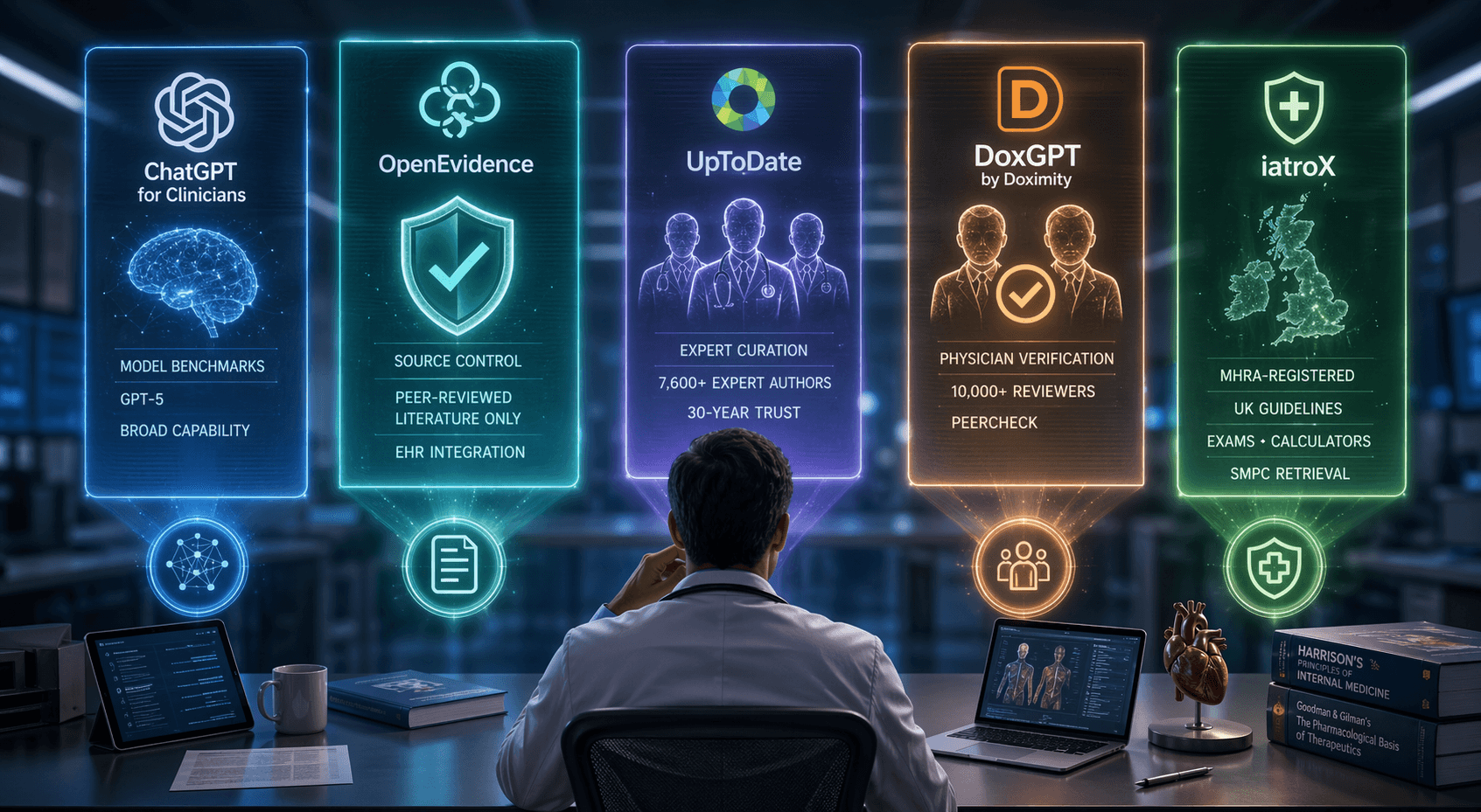 Image for Best Clinical AI for Doctors in 2026: ChatGPT for Clinicians vs OpenEvidence vs UpToDate vs DoxGPT vs iatroX