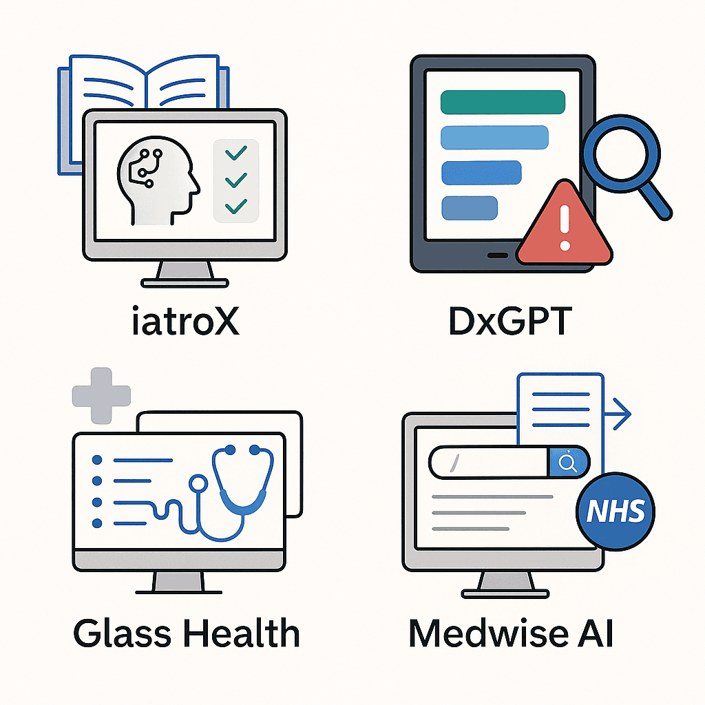 Image for iatroX, DxGPT, Glass Health, Medwise AI: Responsible clinical AI for differentials & reasoning (a 2025 guide)