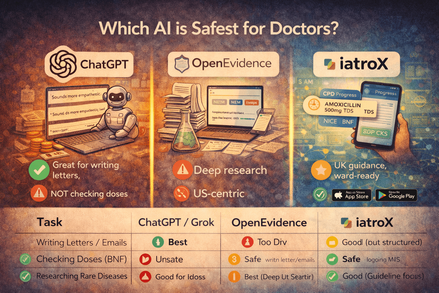 ChatGPT vs. iatroX vs. OpenEvidence: which free AI is actually safe for clinical decisions?