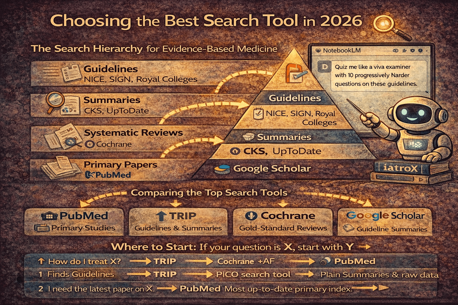 Best medical search engines for clinicians (2026): PubMed vs TRIP vs Cochrane vs Google Scholar