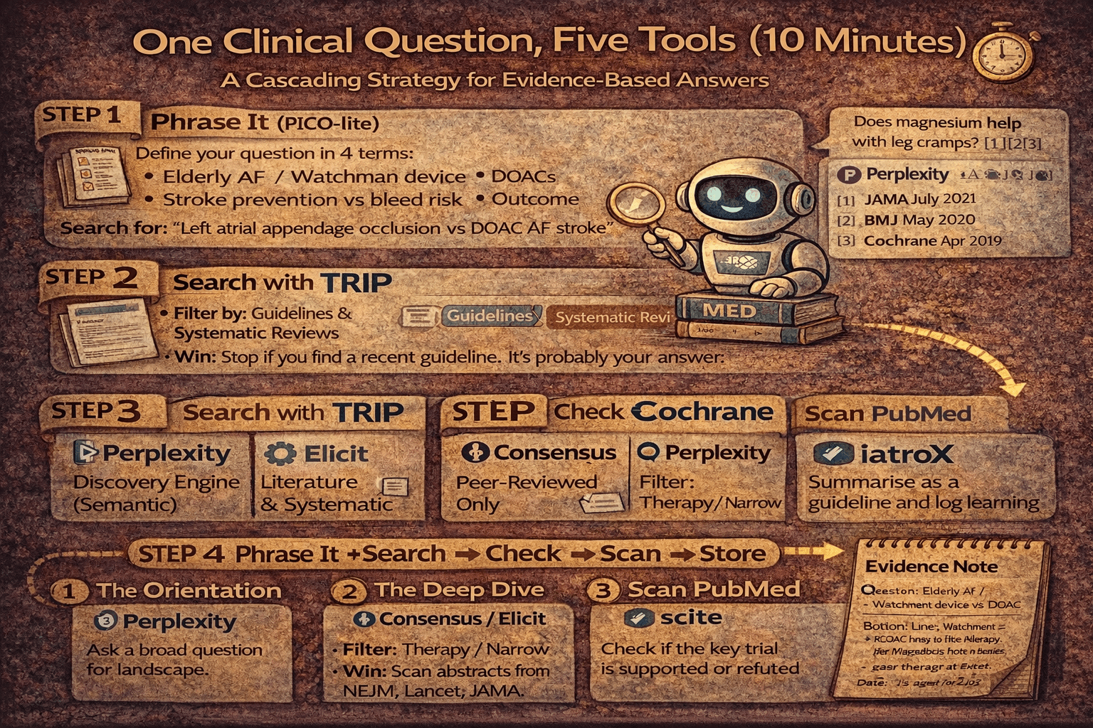 “One question, five tools”: a clinician’s evidence search workflow in 10 minutes