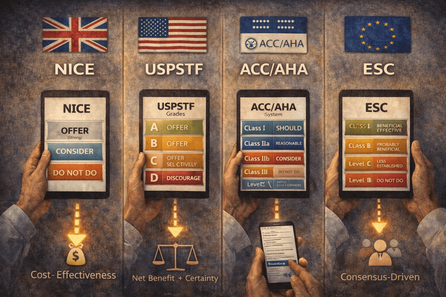 How guidelines are written: what clinicians should know about evidence grading (NICE vs USPSTF vs cardiology societies)
