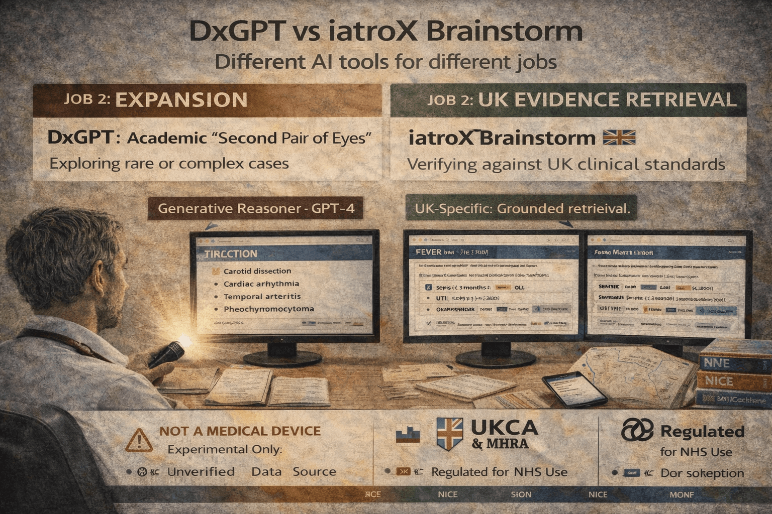 DxGPT vs iatroX Brainstorm: DDx expansion vs provenance-first point-of-care answers