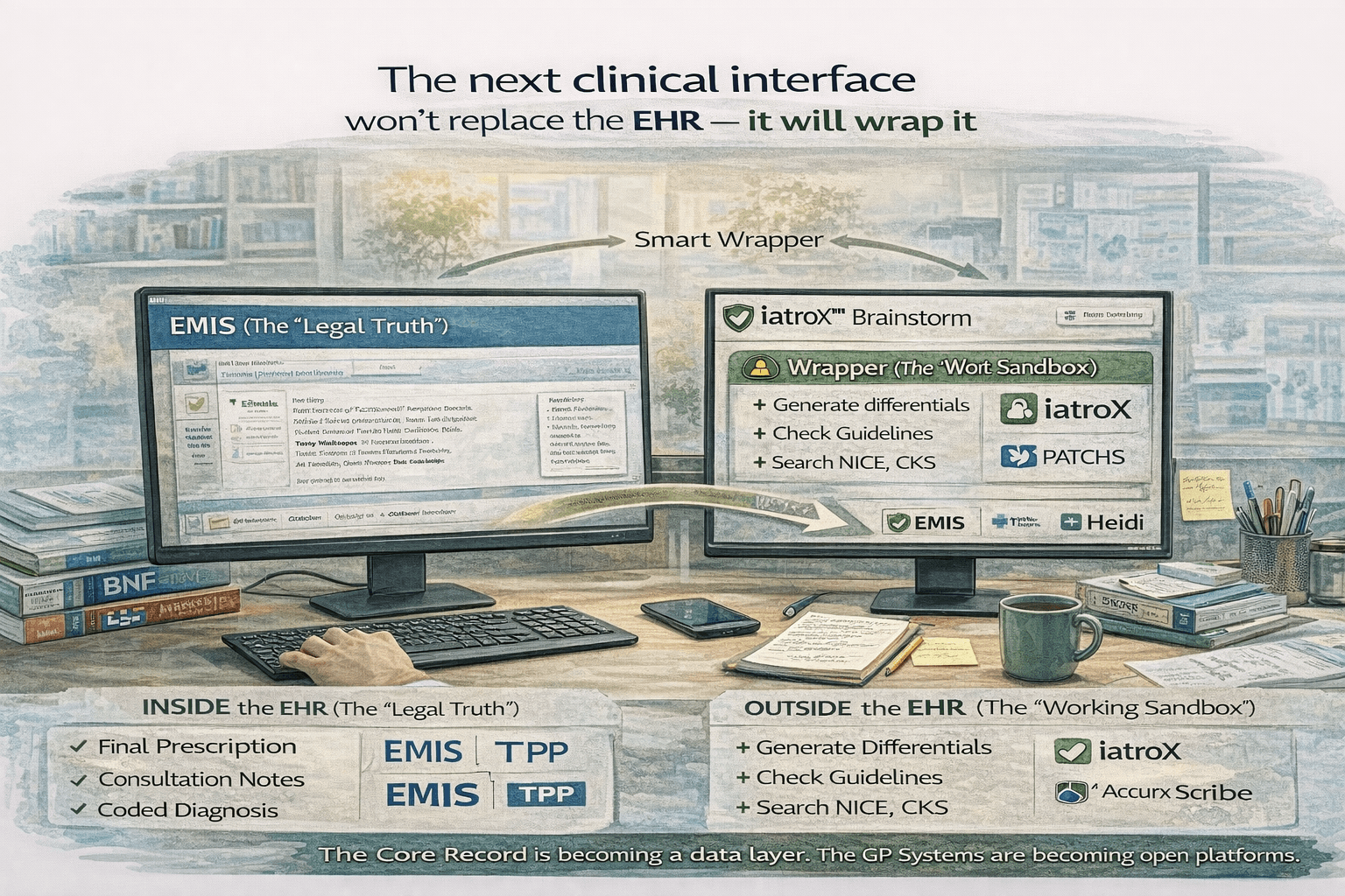 Image for Will AI Live Inside EMIS/TPP — or Sit Beside Them? The “Second Screen” Future of Clinical Work