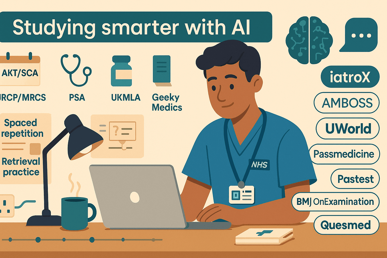 Featured image for Studying smarter with AI: a UK clinician’s guide to AKT/SCA, MRCP/MRCS, PSA & UKMLA — with iatroX, AMBOSS, UWorld, Passmedicine, Pastest, BMJ OnExamination, Quesmed & Geeky Medics