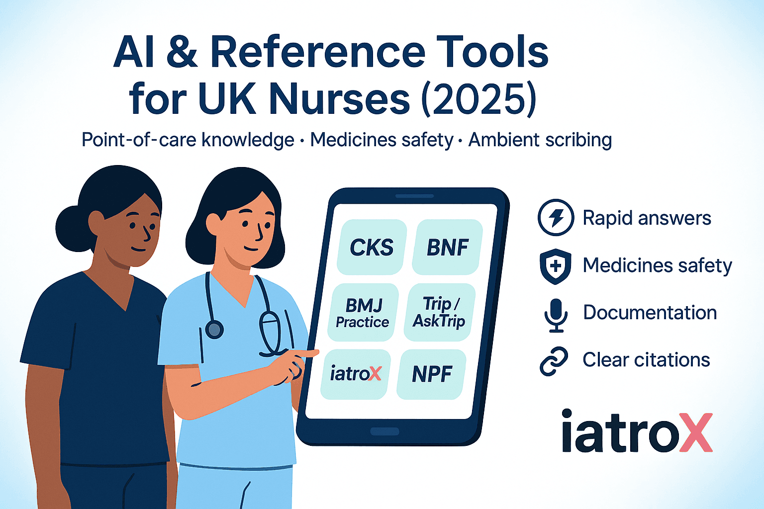 AI tools for nurses (2025): iatroX, NICE CKS/BNF, BMJ Best Practice (OpenAthens), Trip/AskTrip, and NHS-guided ambient scribes