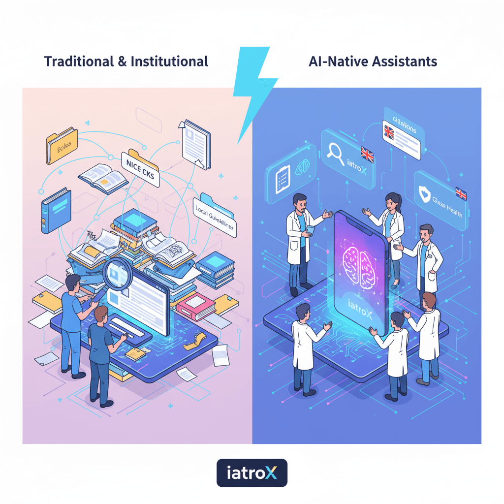 Traditional & modern knowledge search sources (UK/NHS): from Eolas to AI-native assistants (incl. iatroX, OpenEvidence, Doximity)