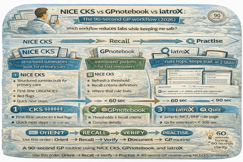 NICE CKS vs GPnotebook vs iatroX: the 90-second GP workflow (2026)